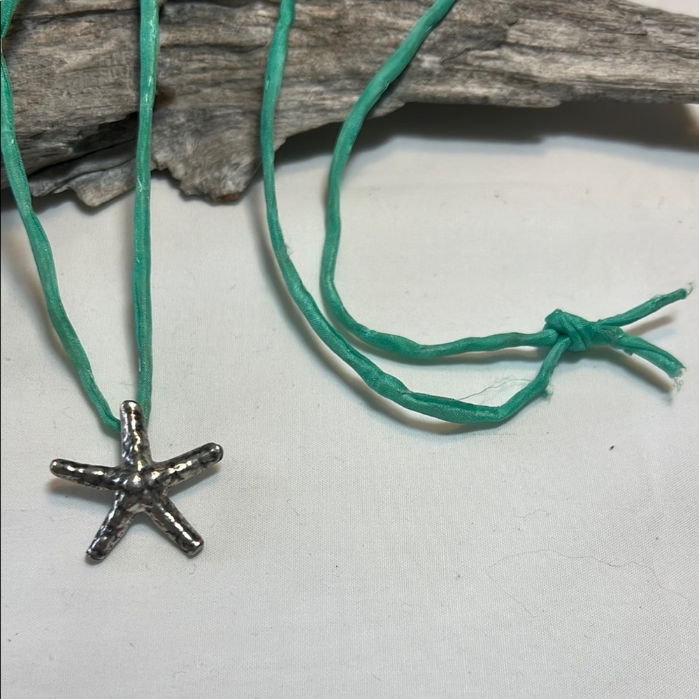 Silver Starfish Pendant on Green Cord Necklace - Picture 2 of 3